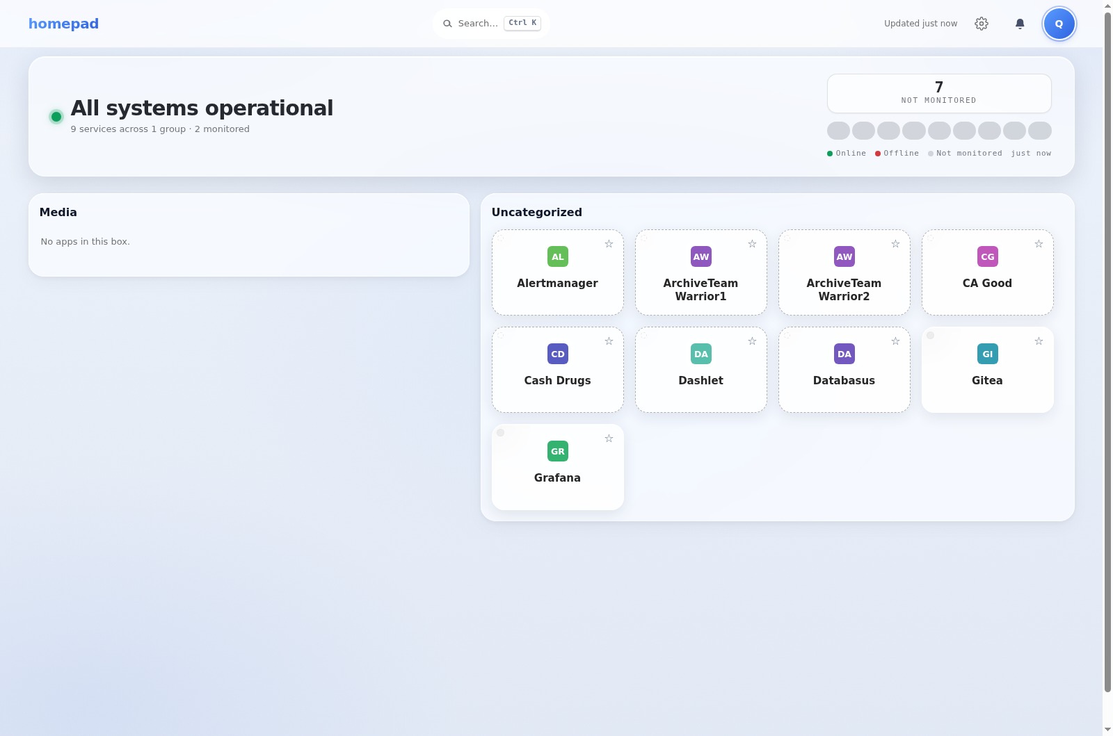 Homepad dashboard in light theme — services grouped into sections and searchable.